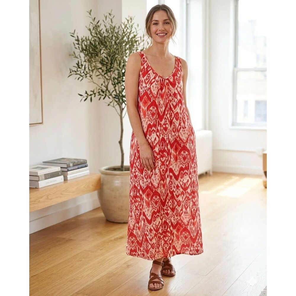 Chicos Dress Womens Sz S Ikat Maxi Sleeveless Gauze Scarlet Coastal Boho New